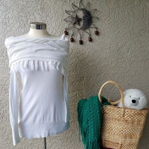 Cache cable knit off the shoulder long sleeve top